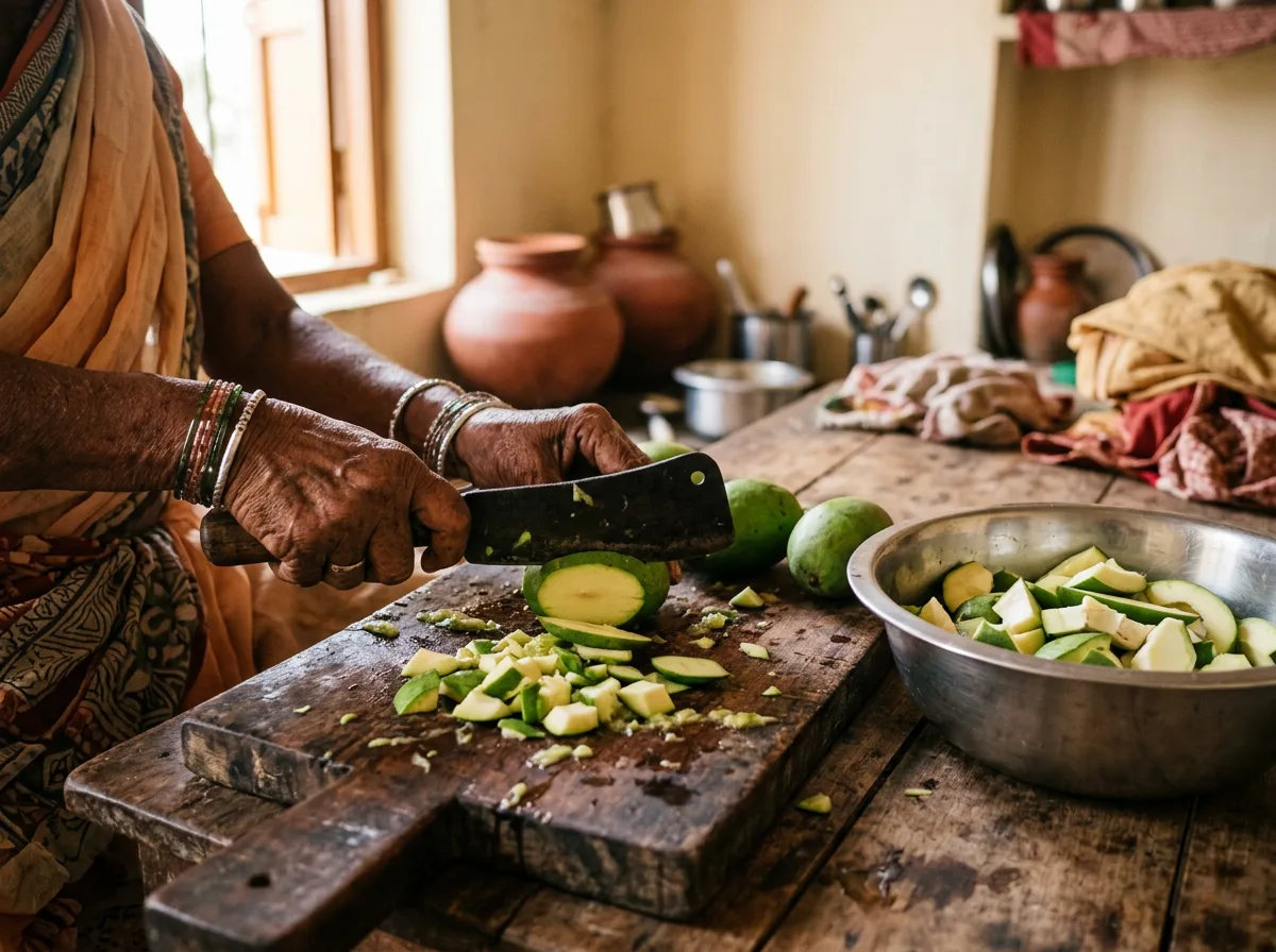 Hands chopping raw mango