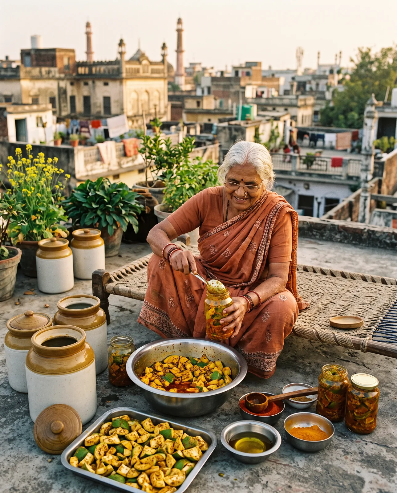 Filling jars of achaar on the terrace