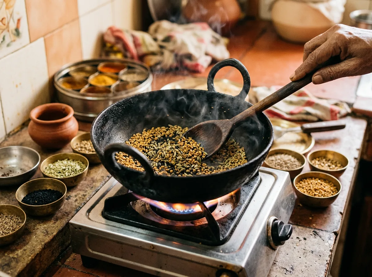 Masala roasting in an iron kadhai