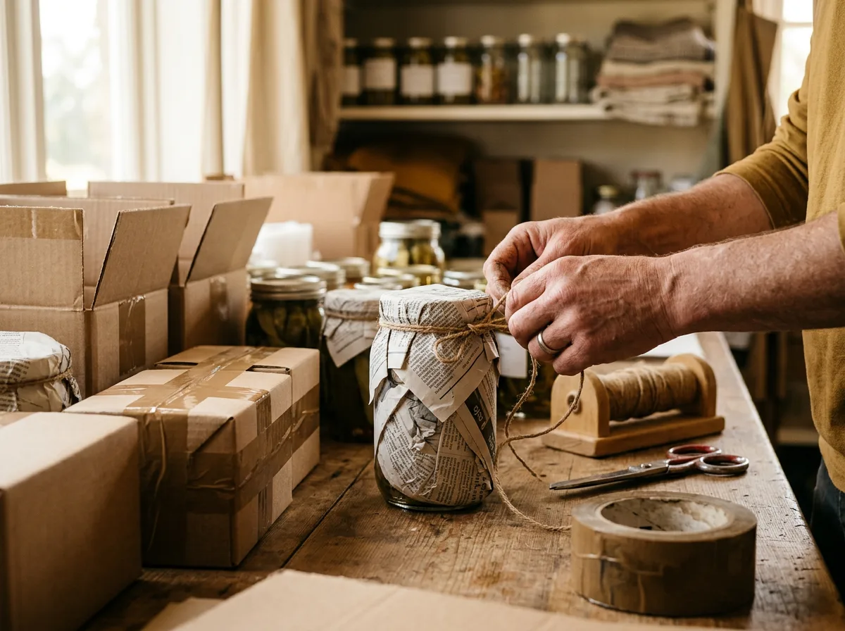 Jars being packed in jute and newspaper