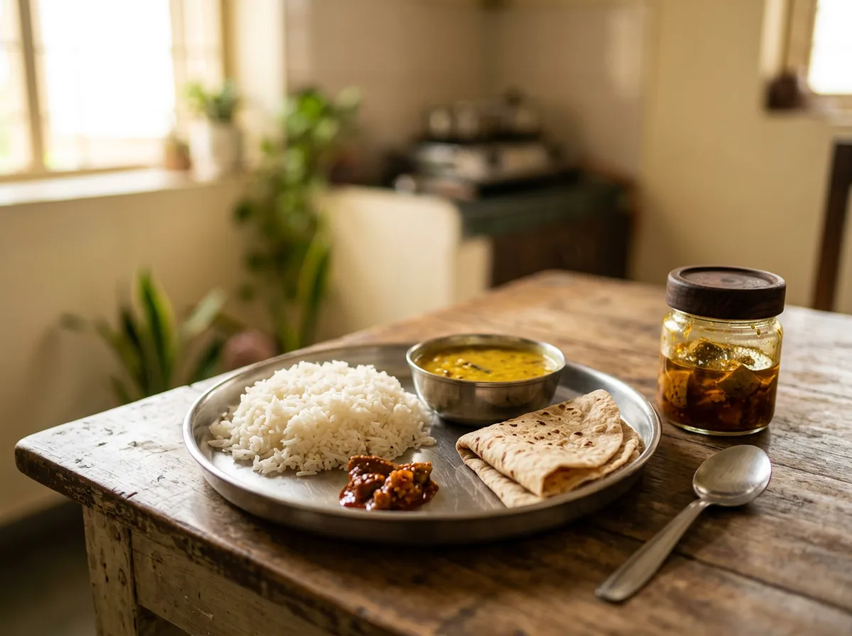 A thali with dal, rice and achaar
